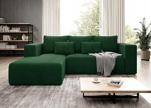 Easy Sofas and Wardrobes Bottle Green Stripes Corner L Shaped Sofa – 255 x 73 x 161 cm – Sofabed Sleeping Function – Day Bed - Corner couch with storage - Fabric: Corduroy POSO 14
