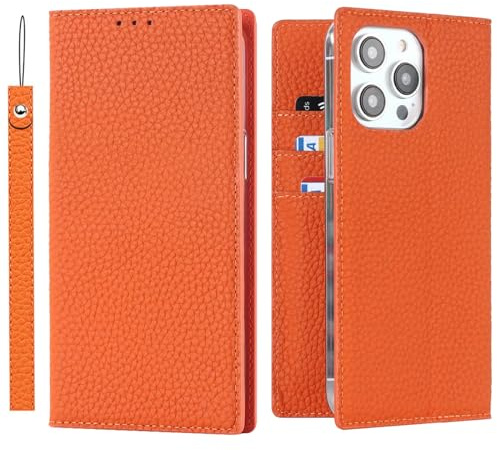 ELTEKER Hülle iPhone 15 Pro Handyhülle [Echtes Leder] Klapphülle mit Kartenfach,Schutzhülle Leder Hülle für iPhone 15 Pro-Orange