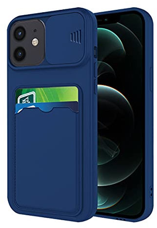 Compatible avec Coque iPhone 12 Antichoc avec Porte Carte, Etui iPhone 12 Silicone avec Protection Cache Camera Coulissant Coque de Telephone Ultra Fine Housse (Bleu)