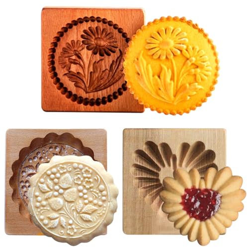 JOONOR 3Pcs Wooden Cookie Biscuit Mold Cookie Cutters Wooden Cookie Molds 3D Baking Mold Funny Embossing Craft Decorating Baking Tool,for Christmas Halloween Easter Kitchen DIY,Flower