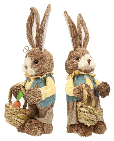 AOKWAWALIY Décor 2Pcs Lapin De Paille Fait À La Main Statue De Lapin Tissé Figurine De Lapin Tissé en Paille Modèles De Lapin Tissé Figurines De Lapin Simulation Lapin Sisal Lapin De Pâques À