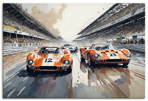 ARTLAND Wanddeko Leinwand Bilder Wandbild 90x60 cm Auto Sportwagen Rennwagen Sport 24 Stunden Rennen Le Mans U5CY