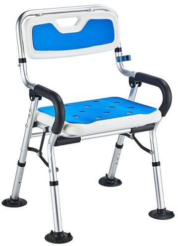HUHJYUGE Heavy Duty Shower Chair for Elderly and Disabled, Shower Chair with Arms and Back Foldable, Wide Ergonomic Seat and Padded Armrest, Easy Assembly, Non-slip Suction-cup on Legs (A)
