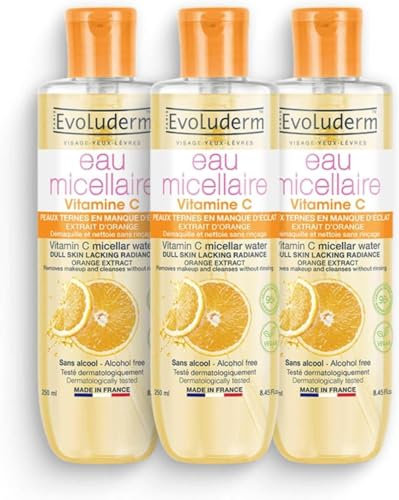 EVOLUDERM – Eau Micellaire Démaquillante Vitamine C – 500 ml – 96% d’Origine Naturelle – Végan – Fabrication Française – Lot de 3 x 500 ml