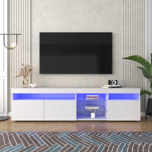 SogesHome TV Lowboard TV-Bank Holz 180 cm TV Schrank Weißer moderner Fernsehschrank, Helles Panel, Variable LED-Beleuchtung, für Wohnzimmer Esszimmer, 180 x 35 x 45 cm