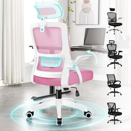 ELFORDSON Ergonomic Office Chair with Flip-up Armrest Footrest for Home Office, Computer Mesh Desk Chair with Headrest Lumbar Support Swivel Work Chairs, Pink