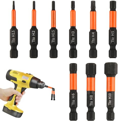 9pcs Impact Hex Head Allen Wrench Drill Bit Set 1/4” 50mm Long Hex Shank S2 Steel Tips with Magnetic Hex Bit Set Electric Screwdriver Impact Key Drill for H1.5-H10 Inner Hexagon Sets with Storage Box