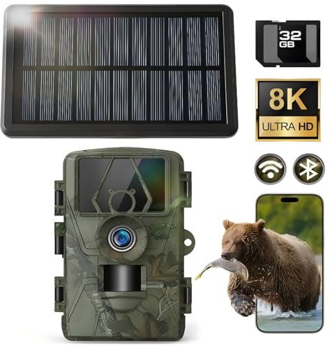 Solar Trail Camera 8K 30FPS, 60MP Bluetooth WiFi Game Camera, APP Control Trail Cam, 120° Detection Angle/Night Vision/0.1S Trigger Motion Activated/IP66 Waterproof, Deer for Wildlife Farm