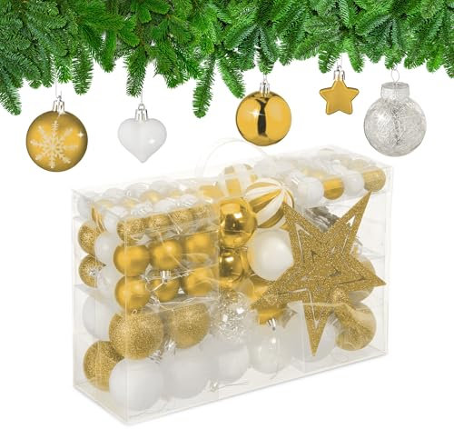 Relaxdays Weihnachtskugeln 101er Set, Kunststoff, Weihnachtsbaumdeko mit Kugeln & Spitze, Christbaumschmuck, Gold/weiß