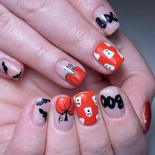 Halloween False Nails with Glue - 24PCS Gothic Press on Nails Short - Orange Square Stick on Nails with Cute Pumpkin Ghost Bat Design - Full Cover Acrylic Fake Nail Tips for Women