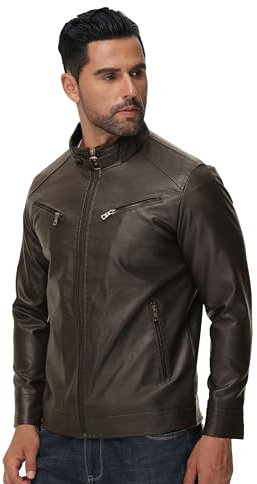 DON JOHNSON Giacca in Pelle Sintetica da Uomo Giubbotto Ecopelle in Similpelle Stile Biker in Finta pelle Casual Vintage (IT, Testo, L, Regular, Regular, Marrone)