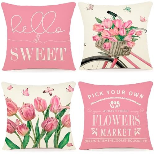 ZWJD Sommer Kissenbezug 45x45 cm – 4er Set Leinen Dekokissenbezüge mit Blumen Aquarell Design, Zierkissen für Sofa, Wohnzimmer & Sommer Deko
