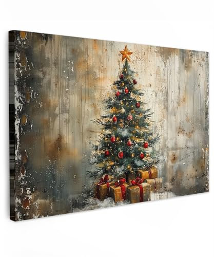 MuchoWow© Weihnachtsdeko Leinwandbilder Groß 120x80 cm XXL Wall Art Decoration Bilder Weihnachtsgeschenke für die Wand Deko Canvas Painting Wanddekoration Wohnzimmer Weihnachtsbaum - Vintage - Weihnac