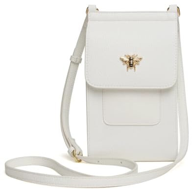 Alice Wheeler Mini Bloomsbury Crossbody Bag, White Leather with Gold Bee Embellishment, Small Phone Purse