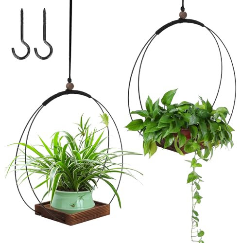 mumisuto 2 Pezzi Vasi da Appendere con Base in Legno, Vaso Sospeso per Piante Interno Boho, Portavaso da Appendere per la Decorazione di Interni ed Esterni (Nero 1)