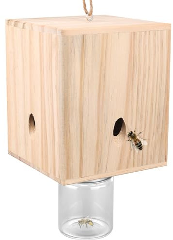 Gosknor Insektenfalle für Draußen, Beste Hängebienenfalle aus Holz Insektenfalle mit Abnehmbarem Glasgefäß für Holzbiene Insekten im Freien