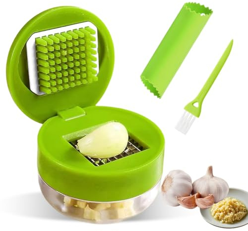 Knoblauchpresse Set, Knoblauchschneider, mit Silikon-Knoblauchschäler und Reinigungsbürste, Edelstahlklingen in Lebensmittelqualität, Knoblauch Zerkleinerer Set – Für Knoblauch, Ingwer & Obst