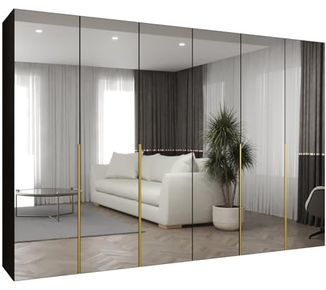 MEBLE KRYSPOL - Kleiderschrank mit Spiegel - Drehtürenschrank - Schrank 300 x 202 x 52 cm - Garderobenschrank Schlafzimmer, Flur, Jugendzimmer - Schwarz, Griff Gold - Alicante 3