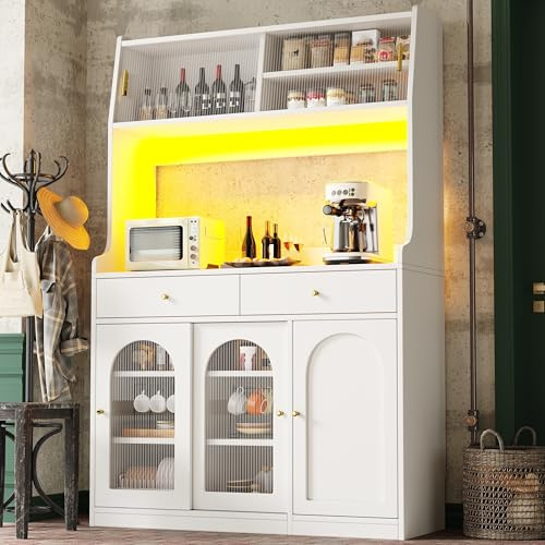 Gxffipw Küchenschrank mit Verstellbaren Ablagen und LED-Beleuchtung, Buffetschrank Hochschrank mit Türen und 2 Schubladen, Küchenschränke mit Arbeitsplatte, Küchenmöbel, Weiß, 120×40×180 cm