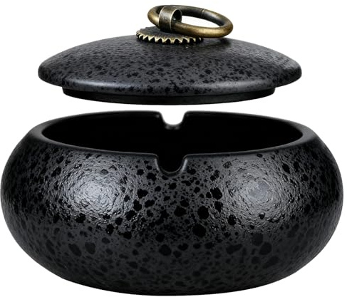 Cenicero de Cerámica con Tapas, Ashtray Ceramic, Cenicero Antiolores | Ashtray Vintage,Cigarrillos para Interior o Exterior, Convient aux Maisons, Terrasses, Bureaux, Cafés(Noir)