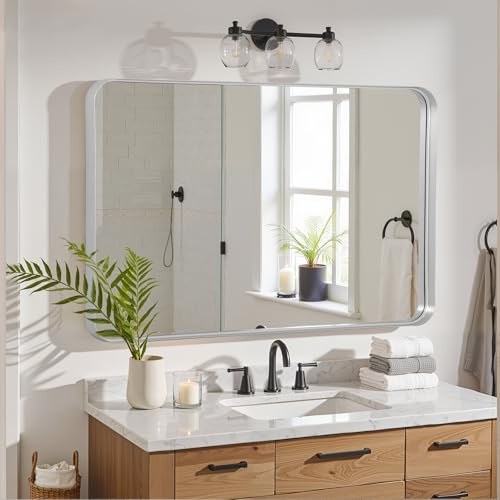 LunaMirror Wall Mirror 75x100 CM Wall-Mounted Bathroom Vanity Mirror Silver Shadow Box Frame Home Decor Rectangle Hanging with Curved Corners for Hallway Entrance Living Room Bedroom