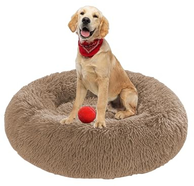 Plüsch-Donut-Kuschel-Hundebett, rund, waschbar, Anti-Angstzustände, flauschiges Haustierkissen, rutschfest, mittelgroß, weich, warm (90 x 90 x 20 cm, Khaki)
