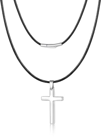 MOJOROUS 2mm 3mm Men Leather Braided Rope Chain Waterproof Cross Chain for Boys Stainless Steel Cross Pendant Necklace Christian Confirmation Baptism Easter Gifts Black/Silver/Gold