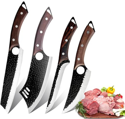 COOSNUG 4 set professionelles Metzger Messer Set Schneidbrett, Schleiferstange Hand geschmiedet Wikinger Küchenmesser Set, Knochenmesser Set für Fleisch Beschneiden