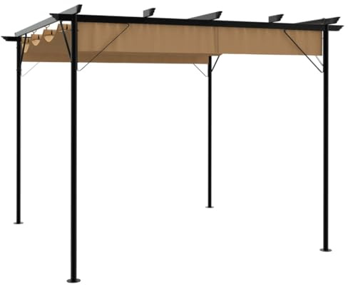 Mokuyary Pergola mit Ausziehbarem Dach Taupe 3x3 m Stahl 180 g/m² Pavillon wasserdicht stabil Winterfest, Gartenpavillon mit robusten Metallsäulen für Terrasse, Garten, Deck