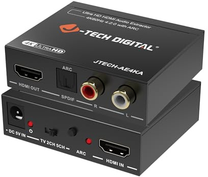 J-Tech Digital 4K@60Hz HDMI Audio Extractor with ARC, HDMI to RCA & Optical Converter, Dolby Digital/DTS Stereo Support for TV, Gaming Consoles, Blu-ray, Laptop [JTECH-AE4KA]