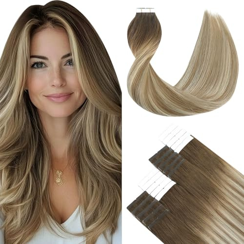 SURNEL Tape in Extensions Echthaar 35cm Balayage Walnuss Braun bis Ash Braun und Blonde Tape in Echthaar 14Zoll 50g 20 Stuck (#3/8/22-35cm)