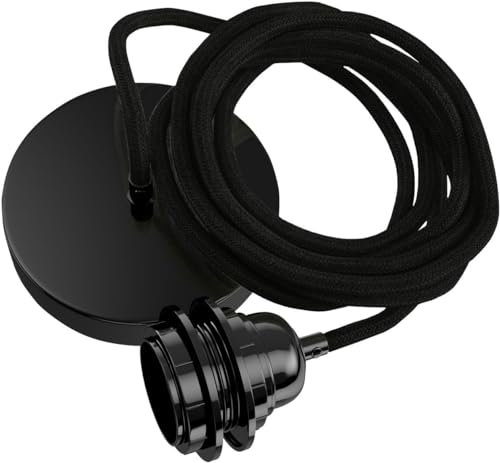 Hoopzi - Lámpara colgante 1 bombilla - 2,5m - Cable de lino - Lámpara de techo para salón, cocina, dormitorio - Modelo Hang 1 Lino Negro