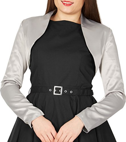 BlackButterfly Formal Satin Long Sleeve Bolero Shrug (Silver, L)