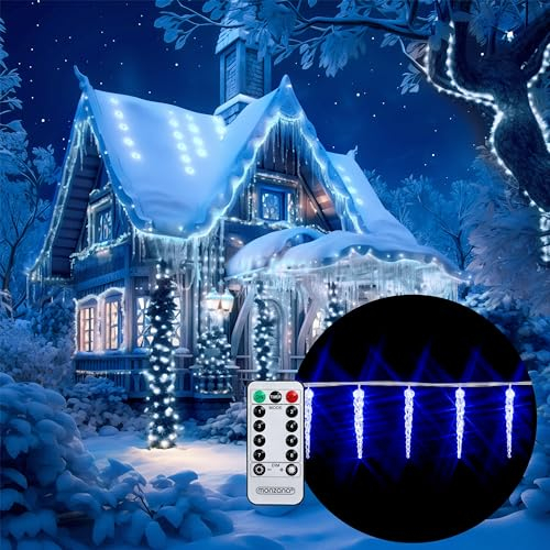 MONZANA® LED Eiszapfen Lichterkette 80 Eiszapfen blau Fernbedienung 8 Leuchtmodi Timer Innen Außen Weihnachtslichterkette