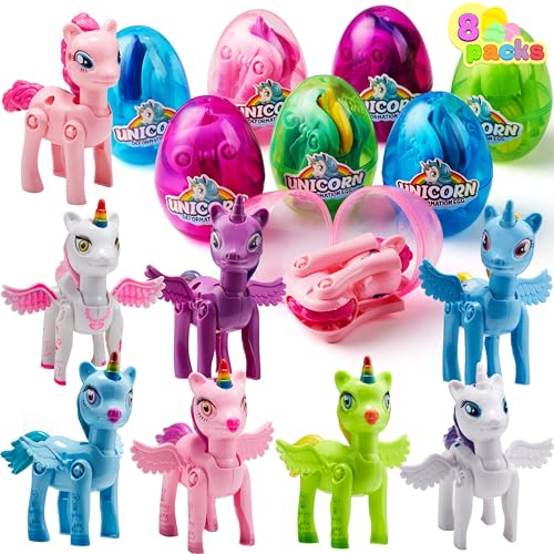 JOYIN 8 Pack Pre Filled Easter Egg with Unicorn Deformation Toys 3.5 8.9 cm, Easter Party Favor for Girls Toddlers Kids Easter Egg Hunt, Basket Stuffers Filler, Classroom Prize Supplies