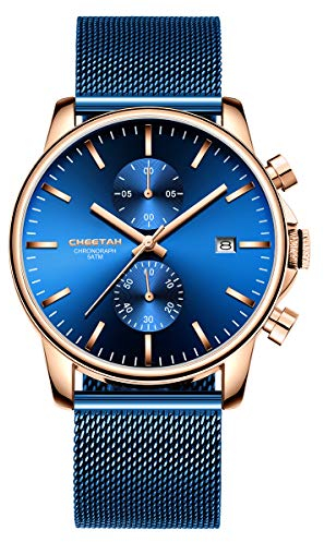 Herrenuhren Mode Sport Quarz Analog Blue Mesh Edelstahl wasserdichte Chronograph Armbanduhr, Auto Date