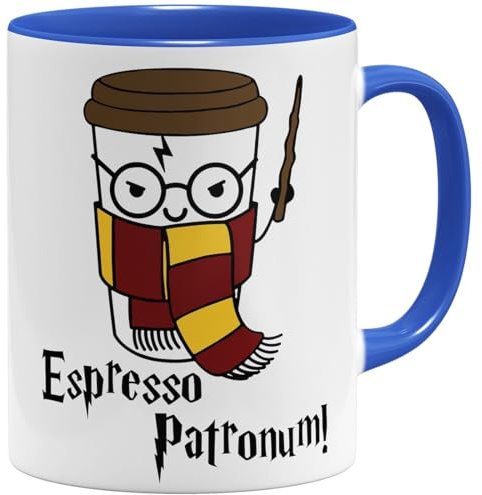OM3® Espresso Patronum Kaffee-Tasse mit Zauberspruch | Keramik Becher | 11oz 325ml | Beidseitig Bedruckt | Blau