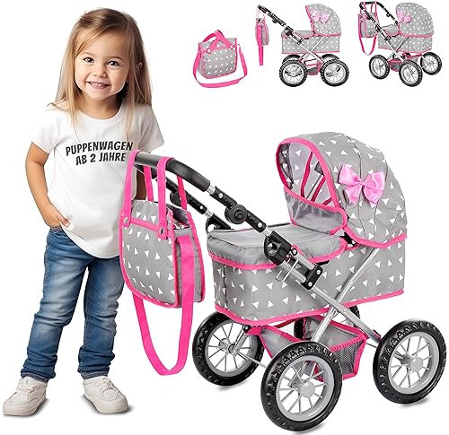 Kinderplay Puppenwagen mit großer Wanne – Höhenverstellbarer Griff 33–63 cm – Für Puppen bis 41 cm – Leichter Puppenbuggy für Kinder ab 3 Jahren – Leise Schaumräder