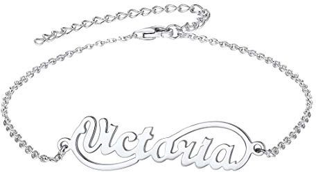 U7 Bracelet de Cheville Infini Femme Plaqué Or Blanc Personnalisable avec Prénom Chaîne Ajustable 19+5cm