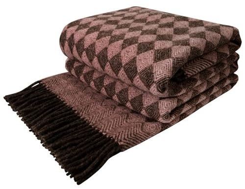 LYHome Wolldecke 100% Schurwolle - Warm Winterdecke Couchdecke Sofadecke, Kuscheldecke Tagesdecke Überwurfdecke, Winter Decke Sofa, Warme Decken Couch (140x200 cm, Rosa - Braun Skandinavische Rauten)