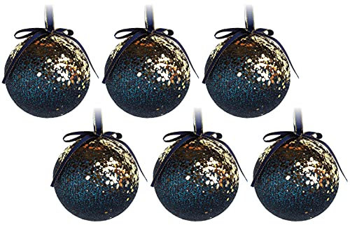 BWG bauteam 6 x Sequin Navy Blue Gold Christmas Tree Baubles Decorations - Round