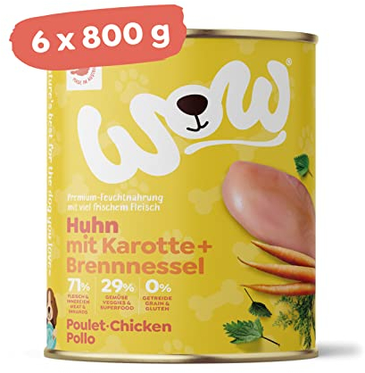 Wow Hundefutter nass Junior mit Huhn, 6x800g | reichhaltiges Nassfutter für Welpen Aller Rassen I Beste Qualität mit viel frischem Fleisch, Karotte & Brennnessel I hohe Akzeptanz & getreidefrei