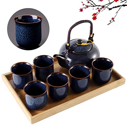 DUJUST Japanisches Teeservice für 6, Ofengealterte Glasur Porzellan Chinesisches Teeset mit Kanne und Tassen, Schönes Asiatische Teekanne Set für Teeliebhaber, Dunkelblau