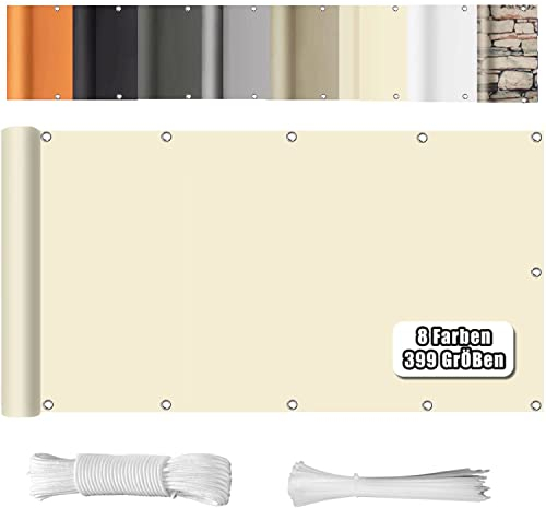 WEALSFUN Balkon Sichtschutz Balkonabdeckung (390Größen & 8 Farben) Balkonverkleidung Ohne Bohren blickdichte Wind UV-Schutz mit Ösen Kabelbinder Kordel,90X800CM Creme