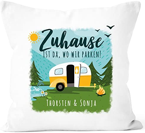 SpecialMe® Kissen-Bezug personalisiert mit Namen Zuhause ist da wo wir parken Wohnwagen Camping Geschenke weiß Standard