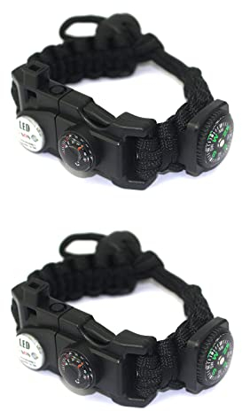 FAMKIT Paracord-Survival-Armband, Feuerstarter-Armbänder mit Pfeife/Kompass, taktische Notfallausrüstung mit SOS-LED-Licht, für Camping/Bushcraft/Notfall, 2 Stück