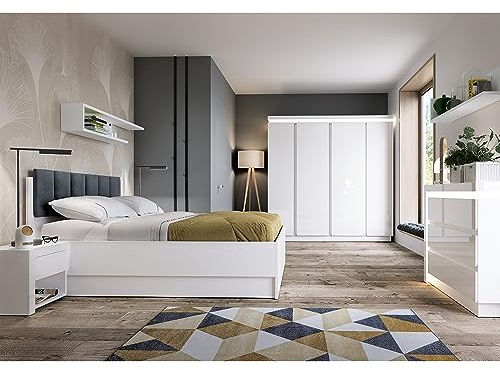 Lomadox Schlafzimmer Komplett Set, 7-teilig, mit 140cm Bett, 2 Nachttische, 4-türiger Kleiderschrank, Schubkastenkommode in weiß Hochglanz