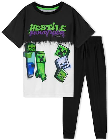 Minecraft Boys Pyjamas Set Lounge Wear Long Top or T-Shirt and Bottoms Teenagers Kids PJs 5-14 Years Gifts for Boys (Black/White, 13-14 Years)