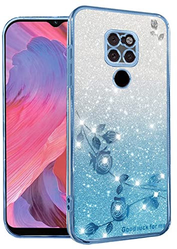Yarxiawin Cover per Huawei Mate 20 Trasparente Silicone Effetto Glitter, Lusso Brillantini Custodia Fiore Protezione Antiurto Rosa Case Morbido Sottile (Blu)