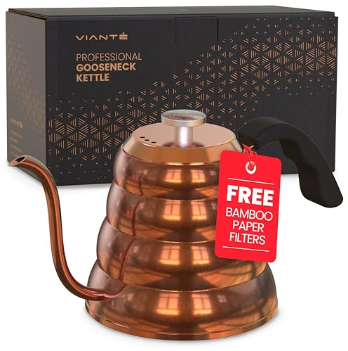 Vianté Gooseneck Stovetop Pour Over Coffee Kettle with Thermometer for Drip Coffee and Tea. Premium Copper Stainless Steel. 40 fl oz. All Coocktops.
